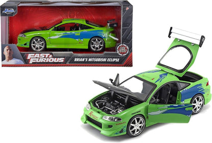 Boxed 1:24 scale die-cast model car, green Mitsubishi Eclipse with blue graphics