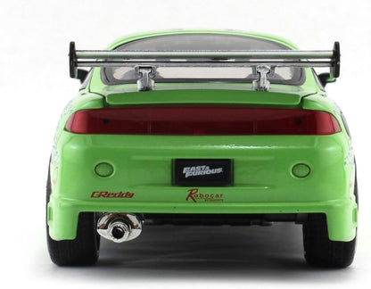 1:24 scale green Mitsubishi Eclipse rear view with spoiler and red taillight panel