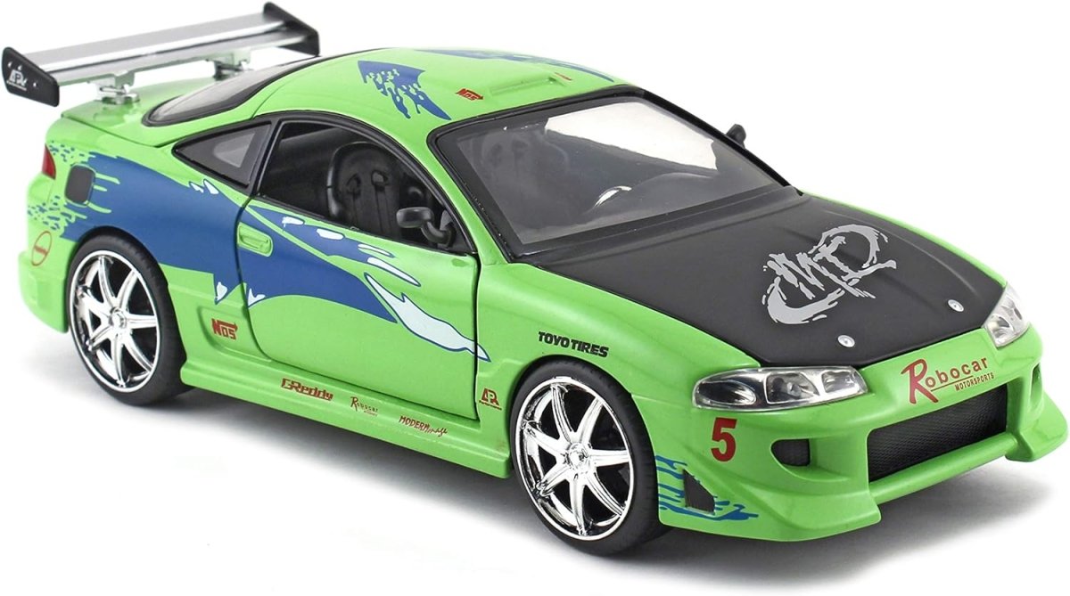 1:24 scale green Mitsubishi Eclipse model car with rear wing and blue side graphics