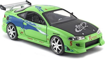 1:24 scale green Mitsubishi Eclipse model car with rear wing and blue side graphics