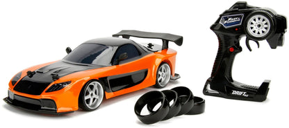 Orange-schwarzer RC Drift Mazda RX-7 im 1:10 Maßstab, mit schwarzem Controller