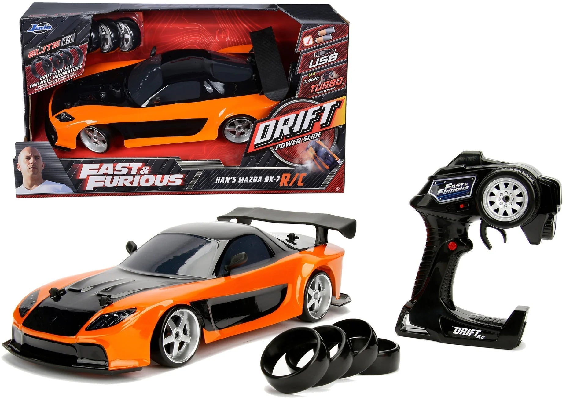 Jada 1:10 RC Drift Mazda RX-7 mit Orange/Schwarz Karosserie, Verpackung und Controller
