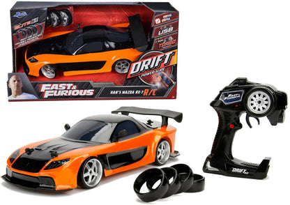 Jada 1:10 RC Drift Mazda RX-7 mit Orange/Schwarz Karosserie, Verpackung und Controller
