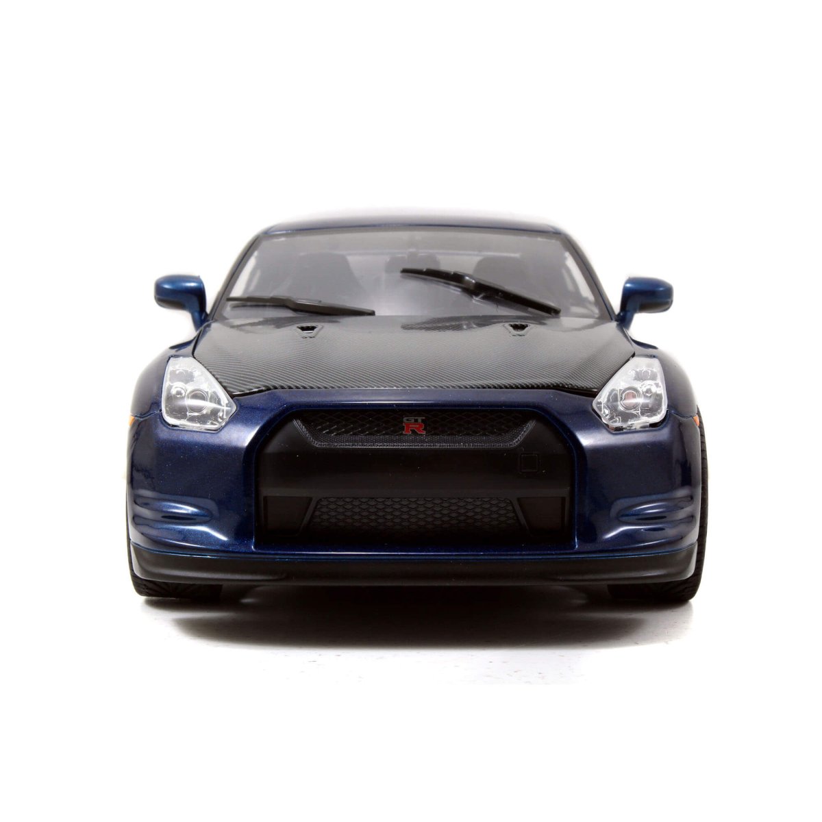 Blue Nissan GT-R die-cast toy car, front view