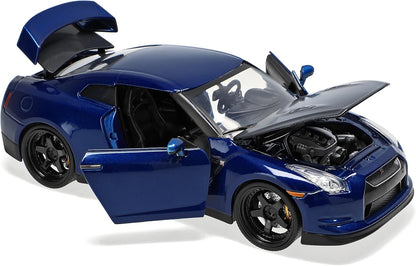 Blue Nissan GT-R die-cast toy car, hood open with engine detail