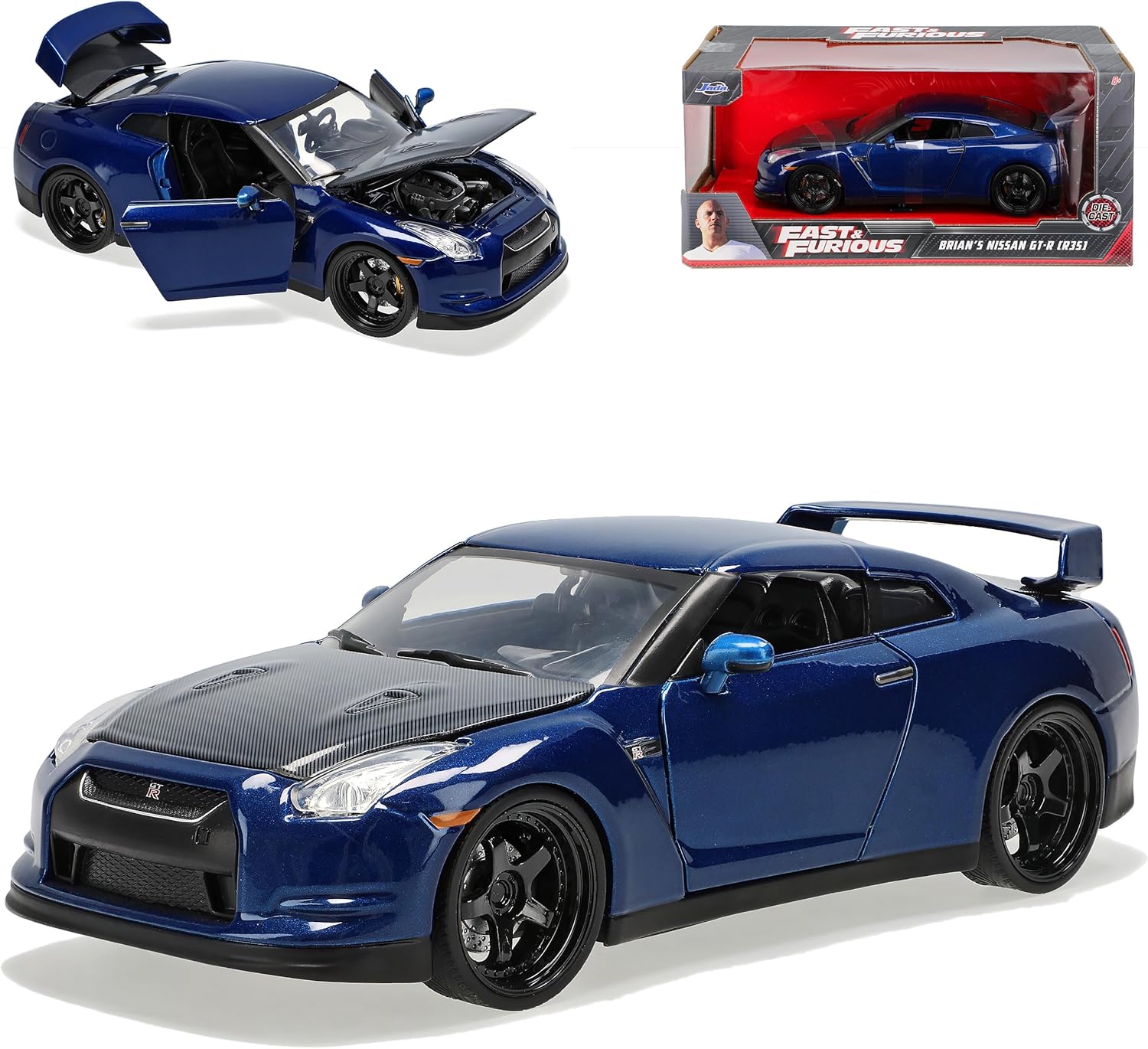 Blue Nissan GT-R die-cast toy car, hood and door open