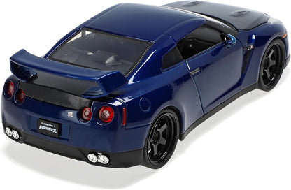 Blue Nissan GT-R die-cast toy car, rear three-quarter view