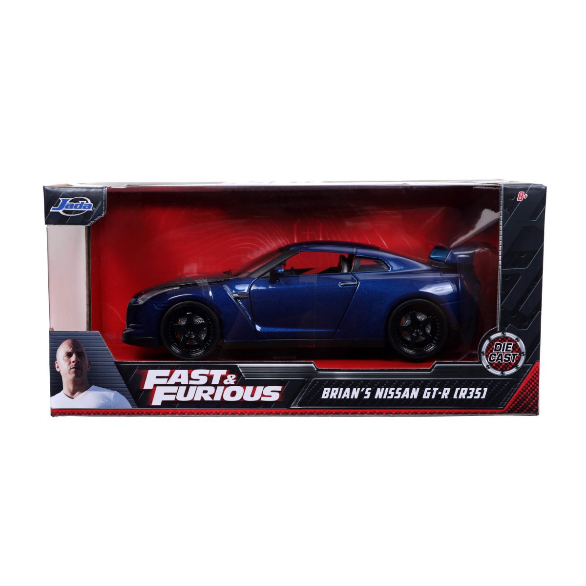 Blue Nissan GT-R die-cast toy car in retail box