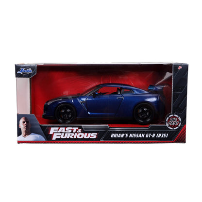 Blue Nissan GT-R die-cast toy car in retail box