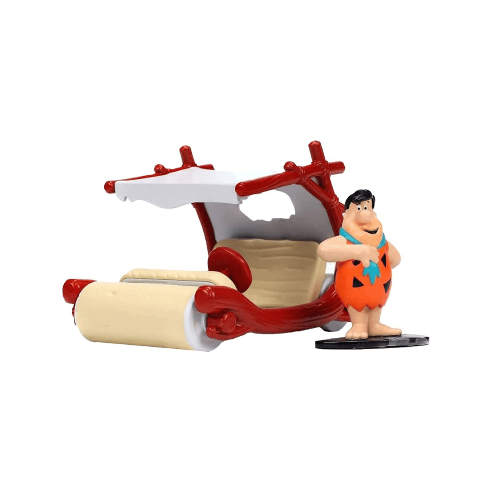 Red and beige Flintstones-style car toy with Fred figure