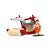 Red and beige Flintstones-style car toy with Fred figure