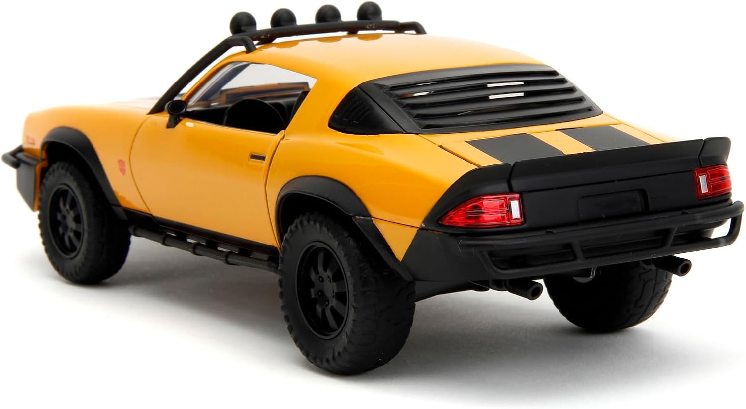 Yellow-orange 1:24 Bumblebee car model with black racing stripes, front-left view