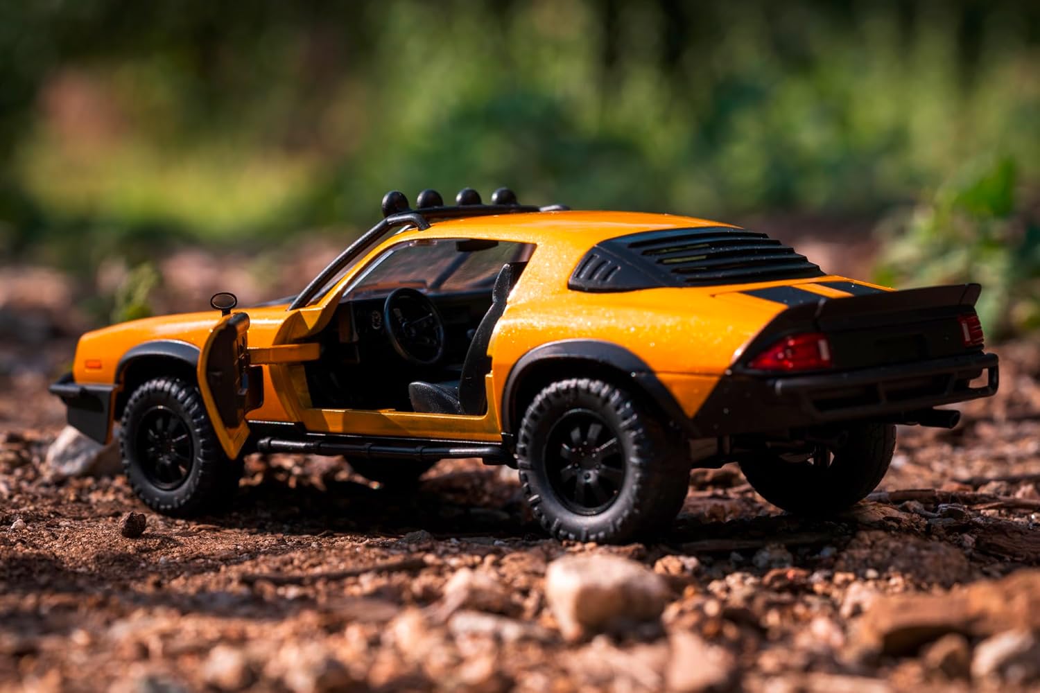 Orange Bumblebee 1:24 car model with open door panel, side view