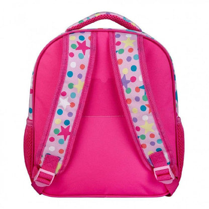 Pink kids backpack with colorful patterned panels and adjustable shoulder straps