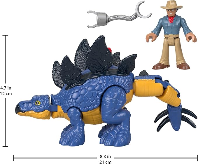 Blue stegosaurus dinosaur toy with black spikes and yellow tail, with scientist action figure