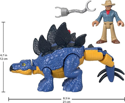 Blue stegosaurus dinosaur toy with black spikes and yellow tail, with scientist action figure