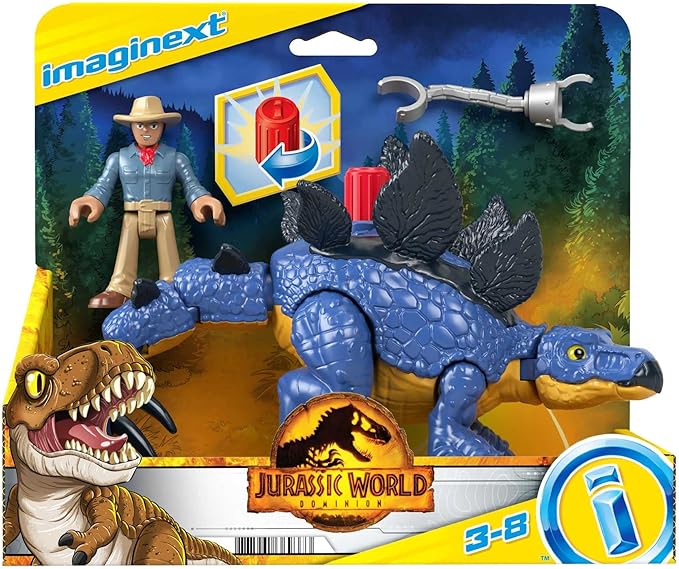 Stegosaurus dinosaur toy with blue armor plates and attached action-figure set