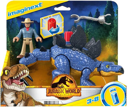 Stegosaurus dinosaur toy with blue armor plates and attached action-figure set
