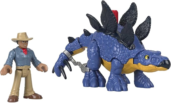 Stegosaurus dinosaur toy with blue scales, yellow belly, and black back plates