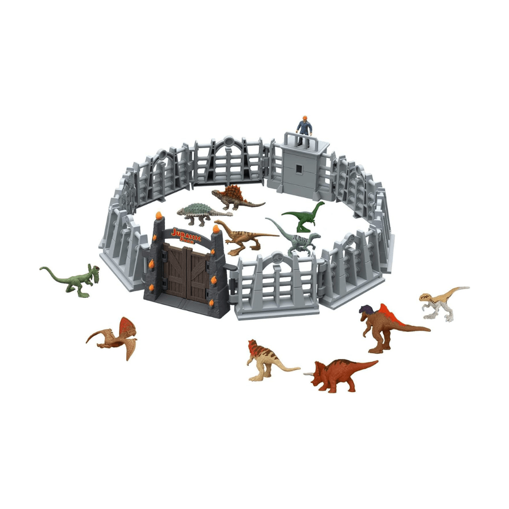 Dinosaur-themed mini advent calendar playset with gray arena fence, figures, and gate entrance