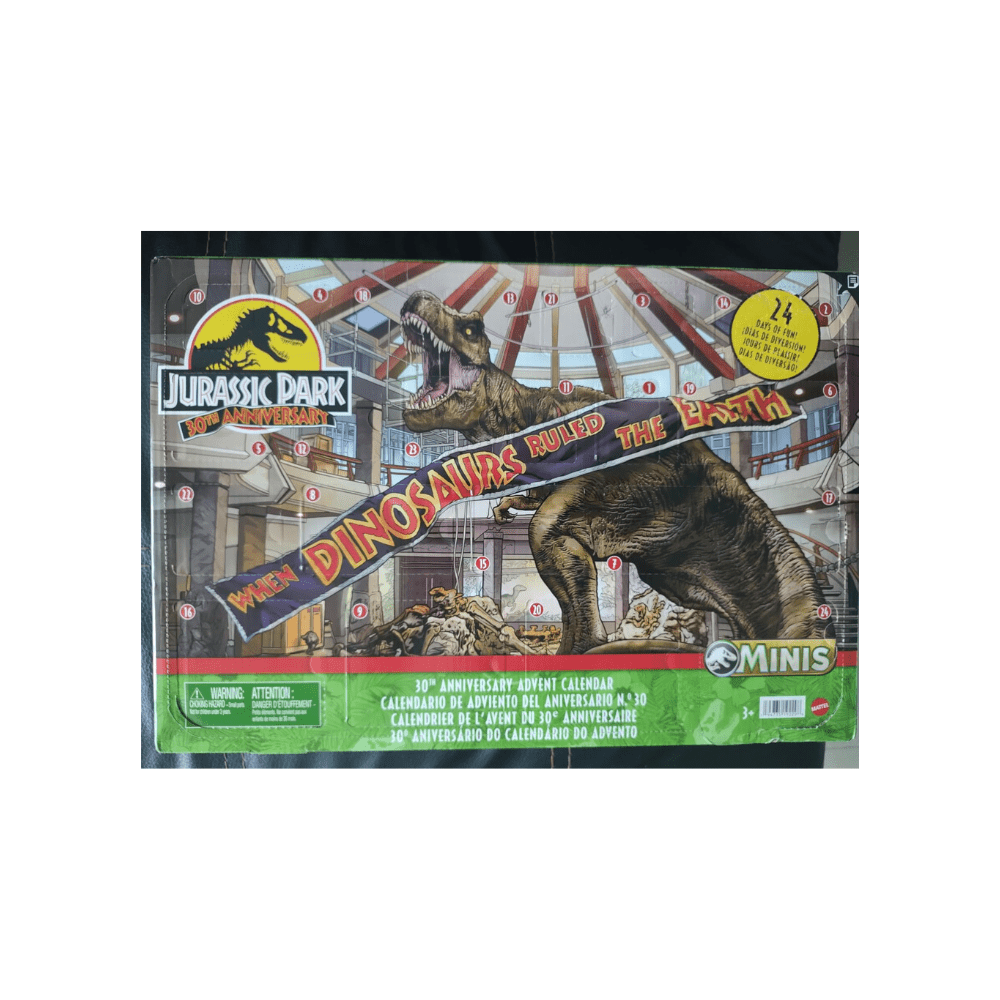 Jurassic Park dinosaur advent calendar front panel with numbered doors and arena artwork
