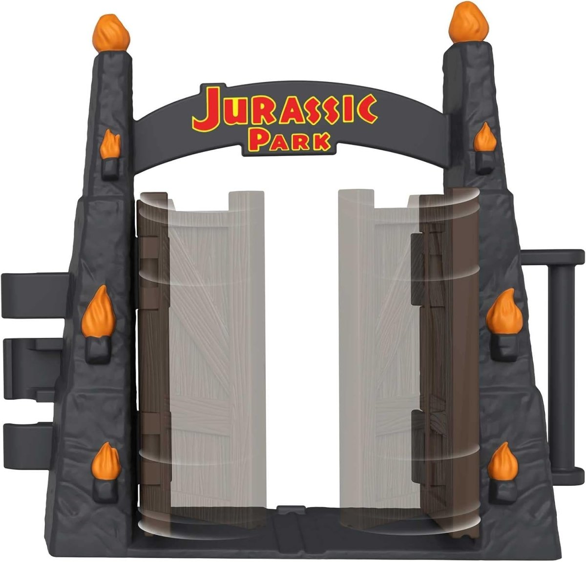 Jurassic Park themed gate with flames and gray double doors for advent calendar playset