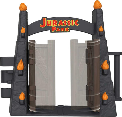 Jurassic Park themed gate with flames and gray double doors for advent calendar playset