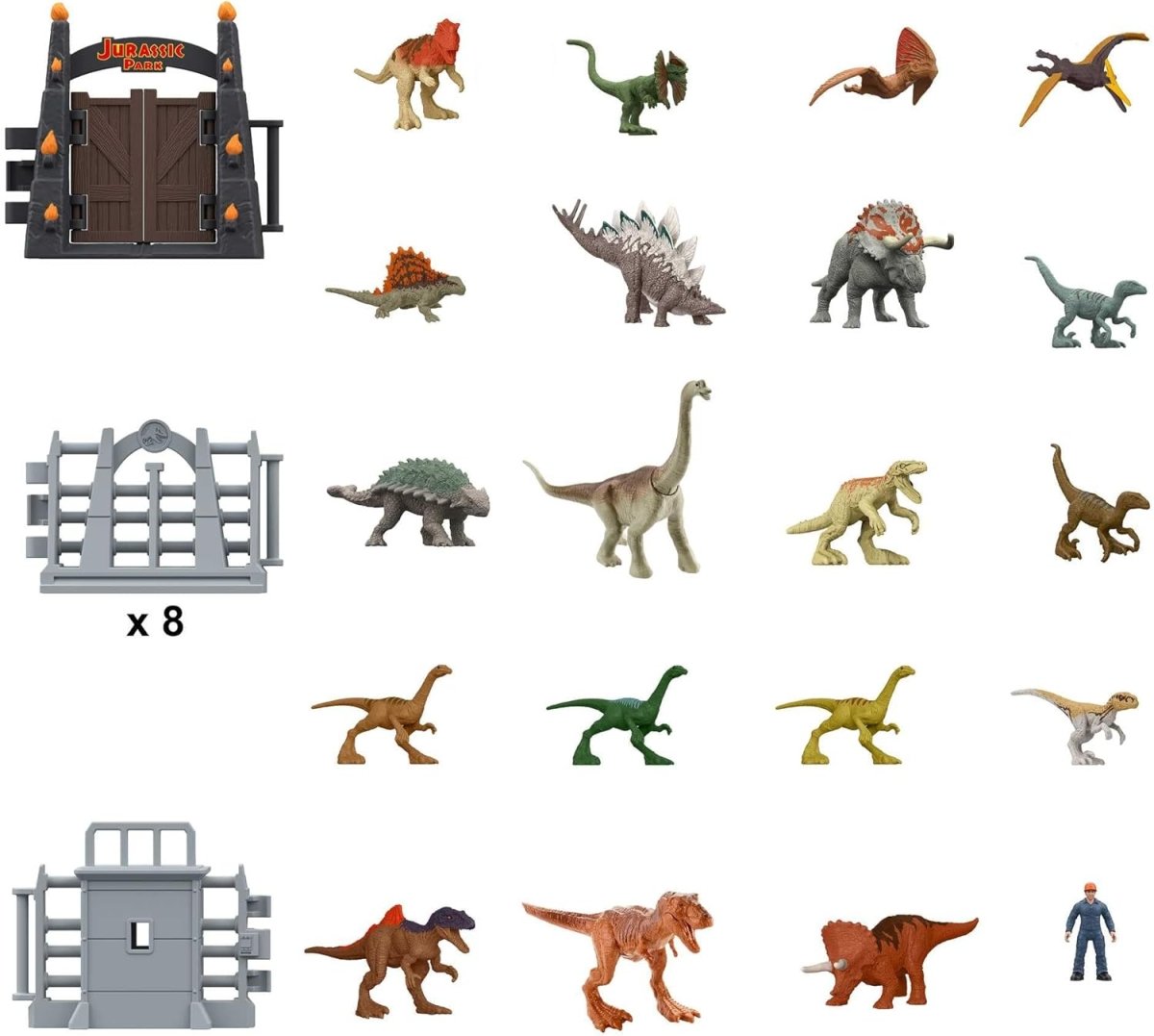 Dinosaur figure set with gray gate sections and assorted mini dinosaurs, marked x8