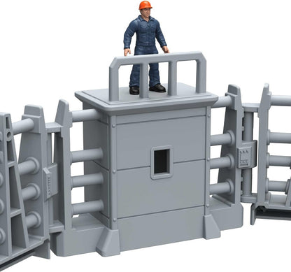 Gray dinosaur arena machine with orange-helmet worker minifigure standing on top platform