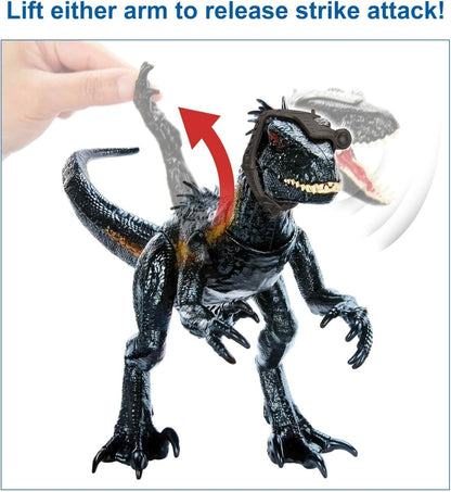 Indoraptor dinosaur toy figure in raised-arm pose, dark blue and black with detailed head