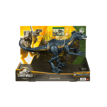 Indoraptor dinosaur track 'n attack toy in retail box, blue-black figure with claws