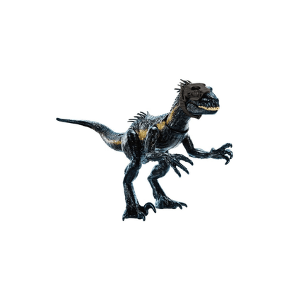 Indoraptor dinosaur toy figure, dark blue and black with open mouth and extended tail