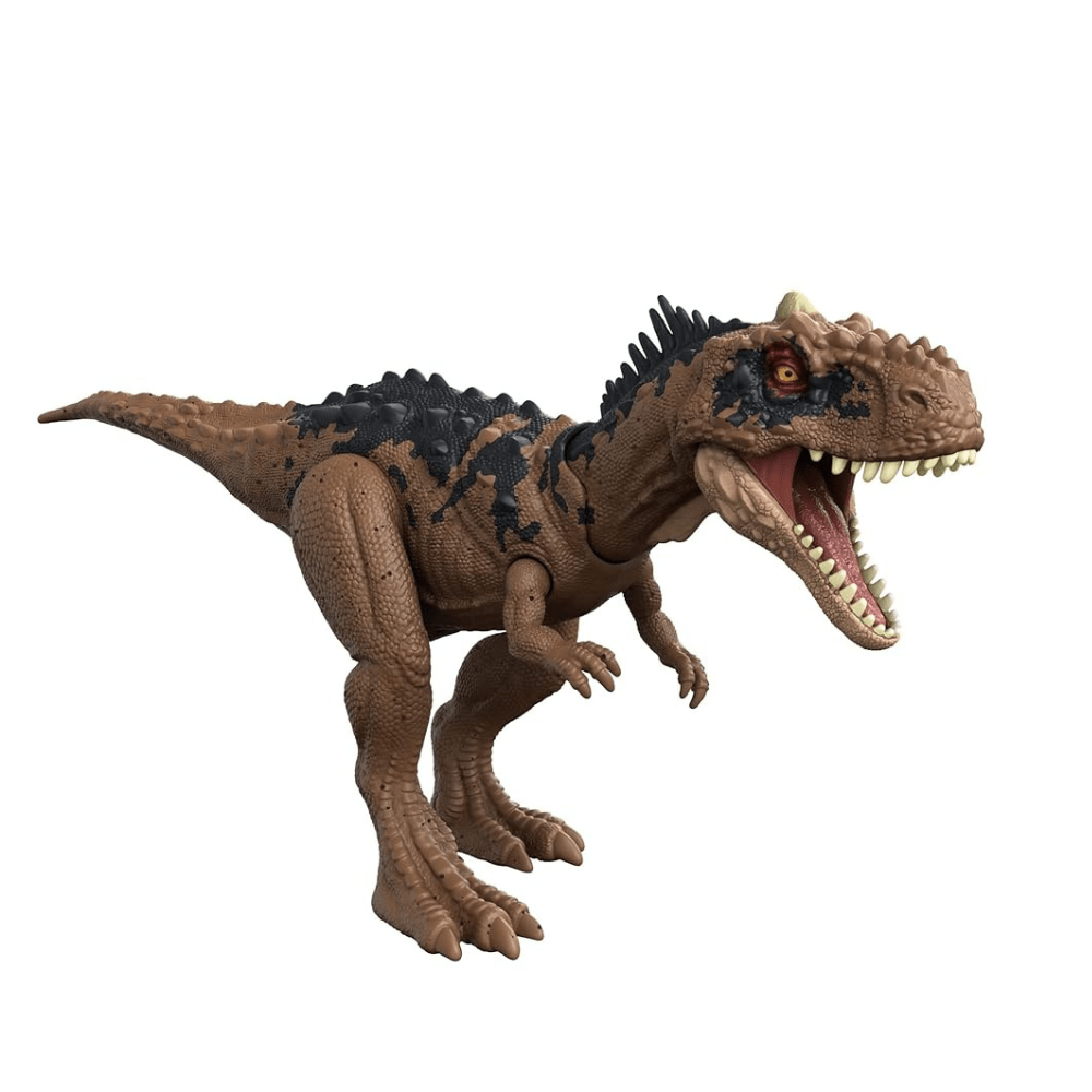 Dinosaur action figure with open mouth, brown and dark mottled skin, spread claws