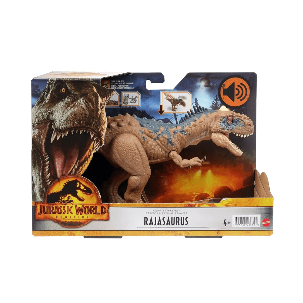 Rajasaurus dinosaur toy figure in box, orange sound icon, open-mouthed pose