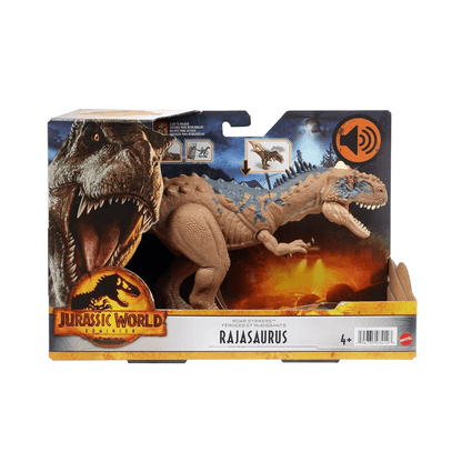 Rajasaurus dinosaur toy figure in box, orange sound icon, open-mouthed pose