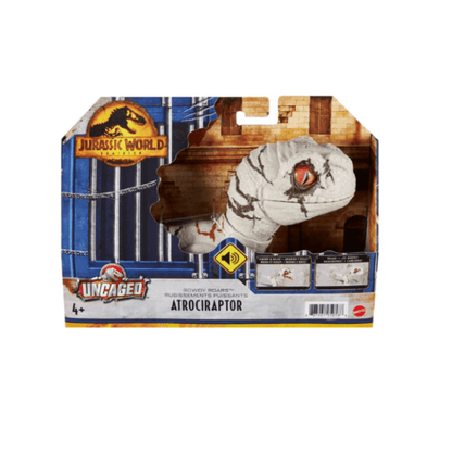 Dino action figure in blister package, white with orange eye and brown speckles