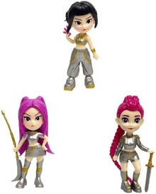 3 Kpop demon hunters figures: black, purple, and pink hair in standing poses