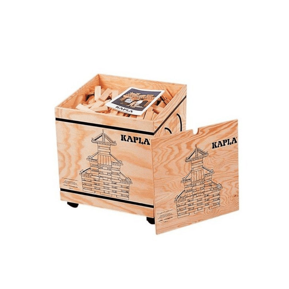 Wooden building blocks pack with lid open, showing stacked blocks and a building-card label