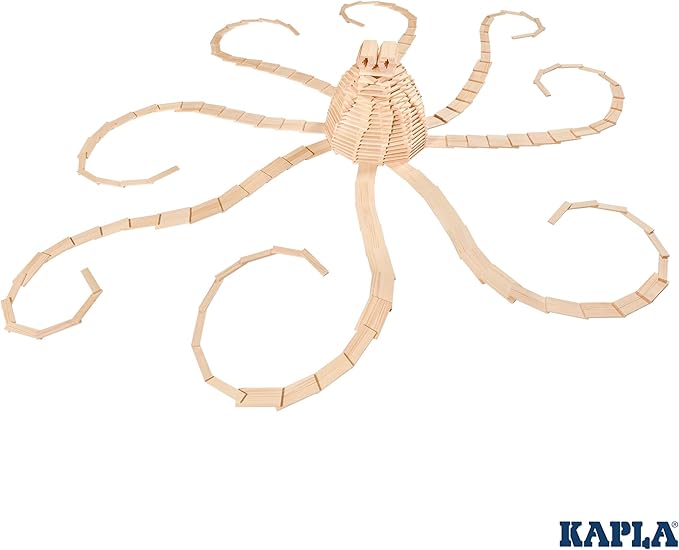 Wooden blocks assembled into a spider-like figure made from linked straight pieces