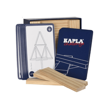 Kapla Challenge cards and light wood building planks in open box