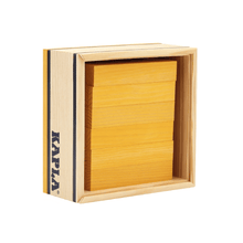 Yellow wooden building planks set, inside view of stacked frame
