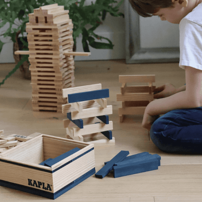 Dark blue wooden planks building pieces with wooden frames and Kapla base