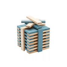 Wooden construction block set with stacked square frame and plank pieces