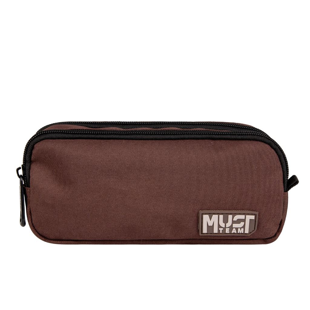 Two-compartment brown barrel pencil case with zipper and Team logo patch