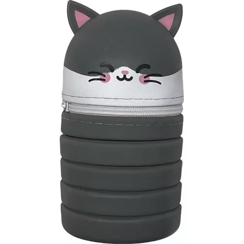 Foldable silicone pencil pouch with gray cat face and zipper