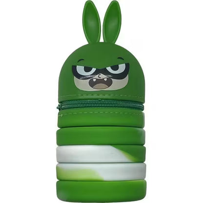 Foldable silicone pencil pouch with green bunny face and zipper