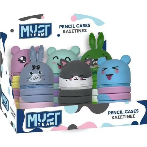 Set of foldable silicone animal pencil pouches with pastel face designs