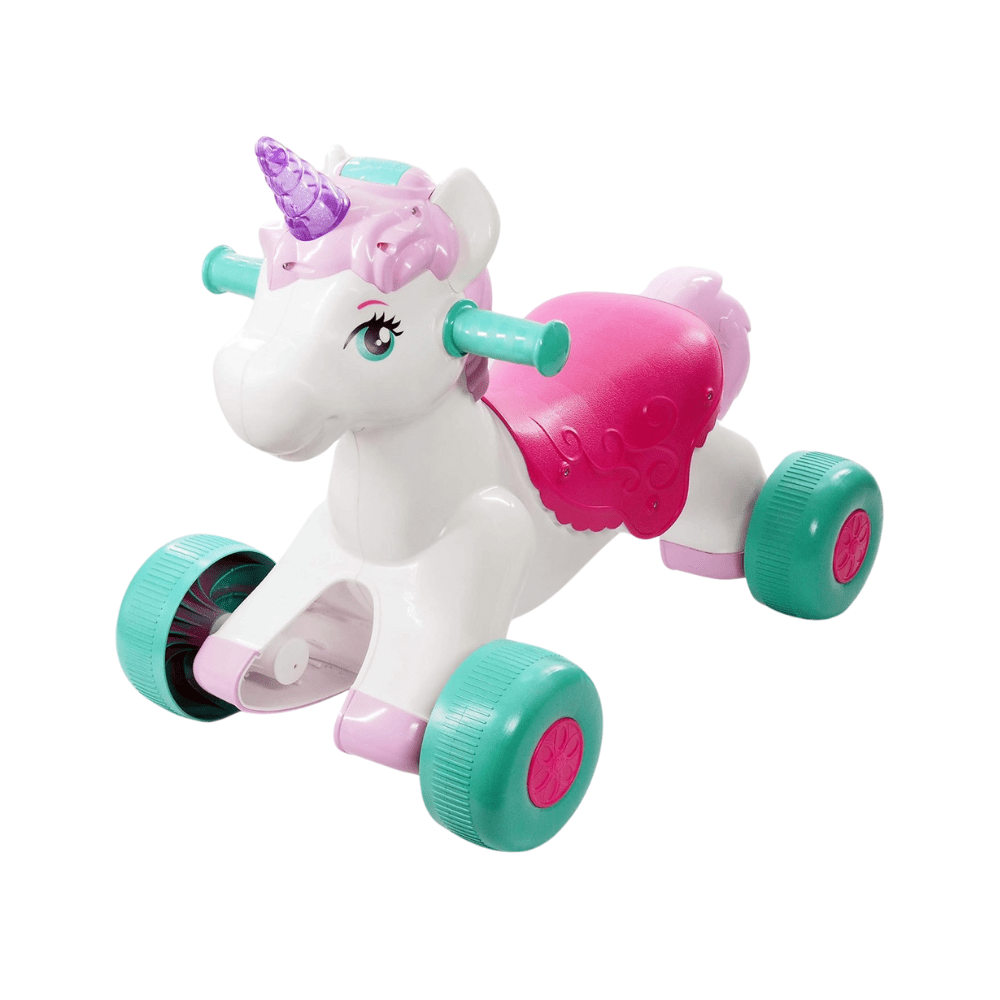 Ride-on unicorn toy with white body, purple horn, pink saddle, teal wheels