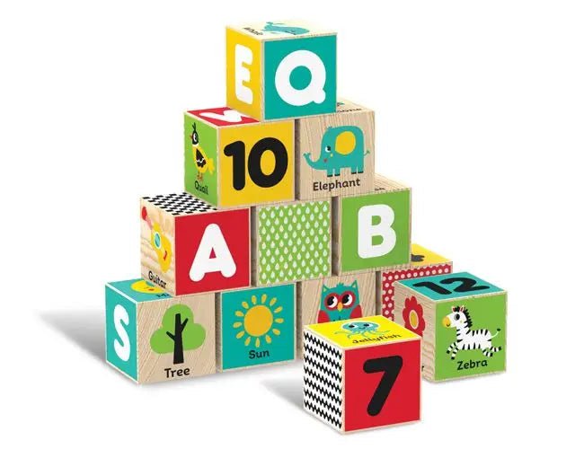 Stacked alphabet learning blocks with letters A, B, E, Q, S, and numbers 10 and 7