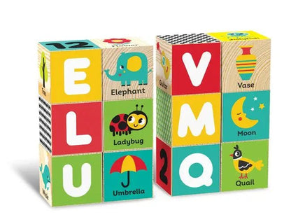 Alphabet wooden cubes stacked with letters E L U and V M Q, featuring animal icons
